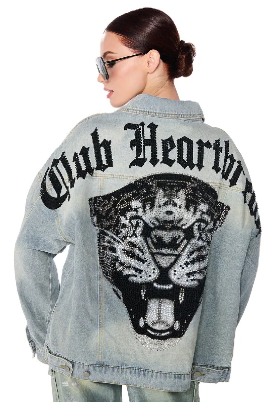 women's coats for cozy nights inHOT FIX EMBELLISHED OVERSIZED DENIM JACKET