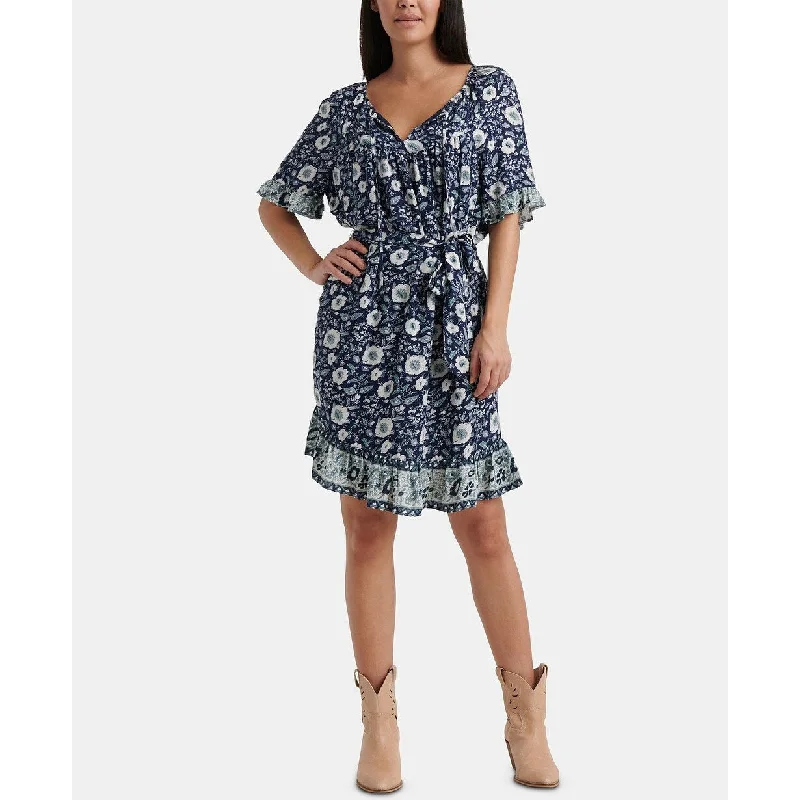 women's floral dressesLucky Brand Women's Felicia Tie Waist Midi Dress Navy Size X-Large