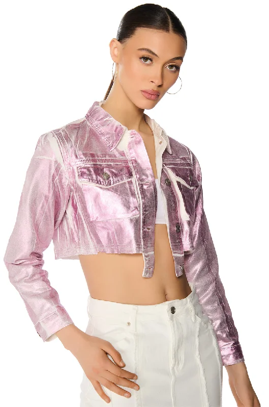 women's coats with Victorian-era influencesAUBREY BRUSHED METALLIC CROPPED DENIM JACKET IN PINK