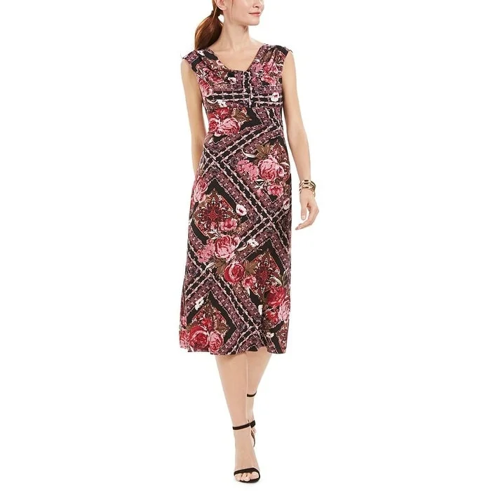 Plus-Size DressConnected Women's Ruffled Floral Cap Sleeve Scoop Neck MIDI Formal Pencil Dress Black Multi Size 6