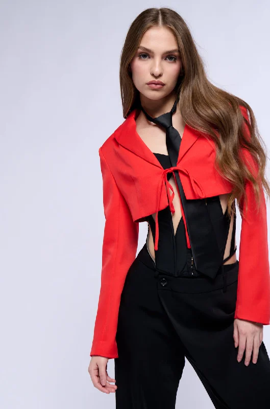 women's coats for those who refuse to compromise on styleHERE FOR IT TIE FRONT CROP BLAZER