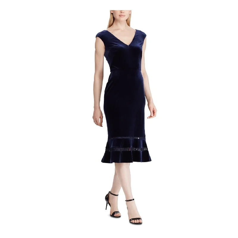 women's minimalist dressesRalph Lauren Women's Cap Sleeve V Neck MIDI Sheath Evening Dress Blue Size 10