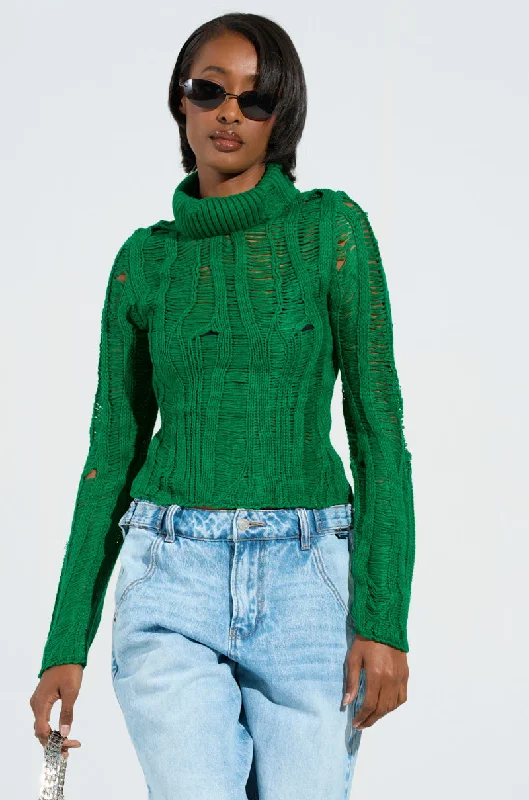 women's tops for fashion-conscious professionalsSEXY LOOSE WEAVE HIGH NECK SWEATER IN GREEN