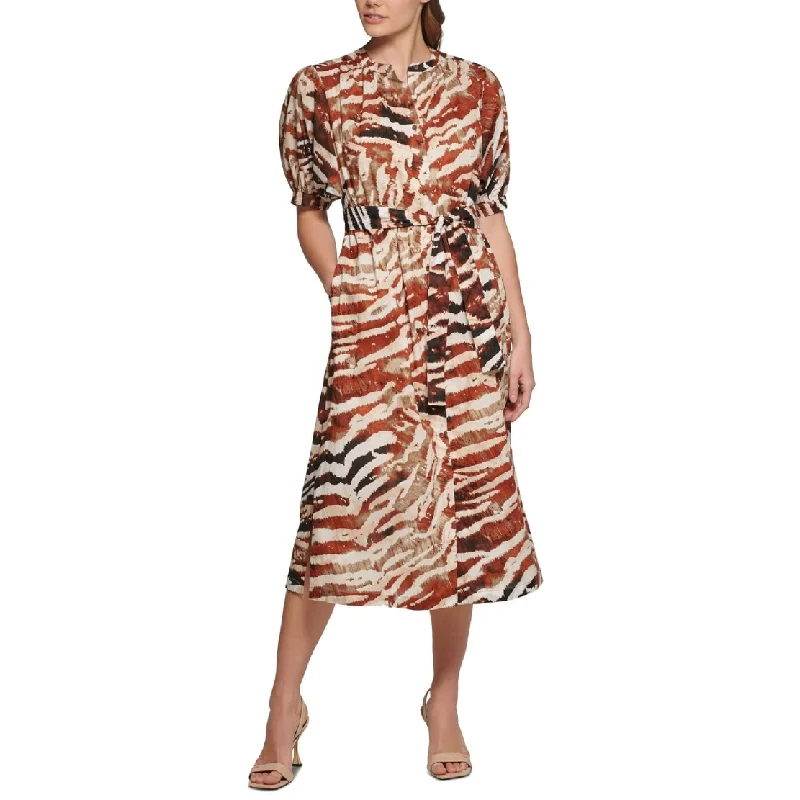 women's versatile dressesCalvin Klein Women's Animal Print Puff Sleeve Midi Shirtdress Brown