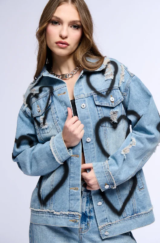 women's coats for maternity wearSPRAY PAINTED HEART OVERSIZED DENIM JACKET