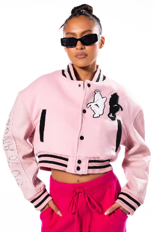 women's coats for skiingY2K VARSITY BOMBER WITH TRAMP STAMP