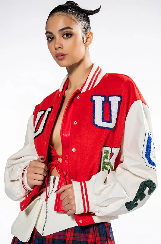 women's coats with button-down frontsDOUBLE U PATCH WORK VARSITY BOMBER