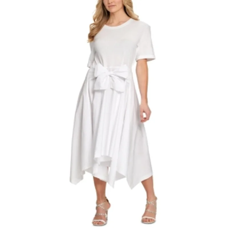 women's affordable dressesDKNY Women's Mixed Media Asymmetrical Hem Midi Dress White Size Medium