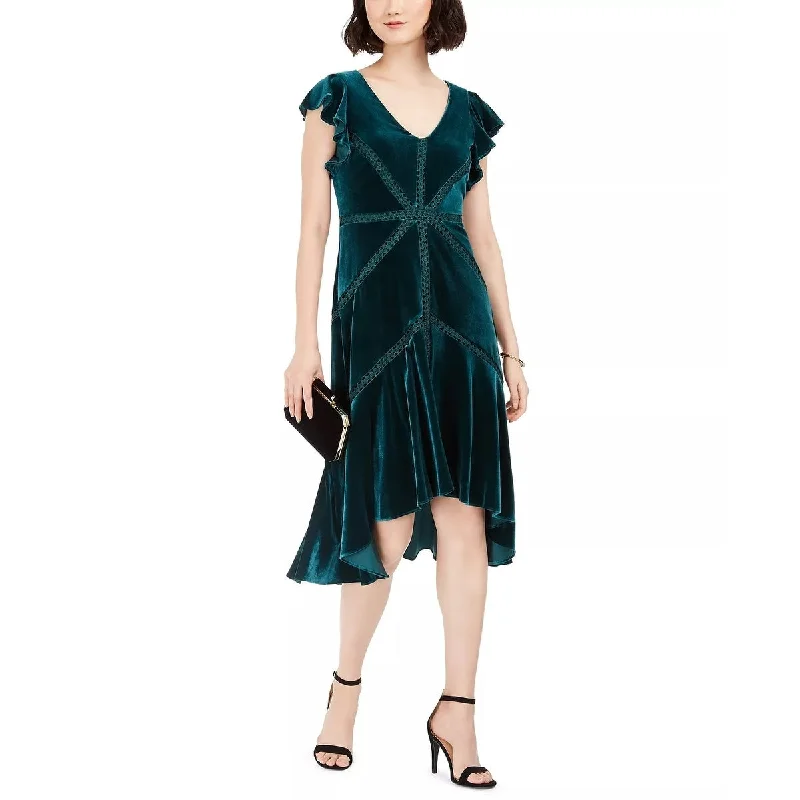 women's luxury dressesTaylor Women's Velvet Flutter-Sleeve Midi Dress Green Size 2