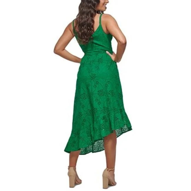 Vintage DressGuess Women's Cotton Eyelet Asymmetric Midi Dress Green Size 14