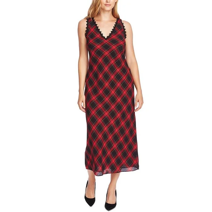 women's wedding guest dressesVince Camuto Women's Tartan Lace Trim Midi Dress Black Combo Size 0