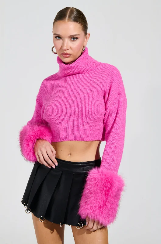 women's tops for maximalist fashion loversSYDNEY FUR CUFF CROPPED SWEATER IN HOT PINK