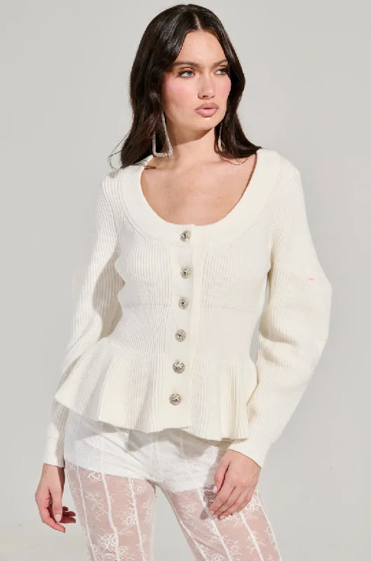 women's tops for those who want to invest in timeless piecesWORTH A MILLION PEPLUM SWEATER IN WHITE