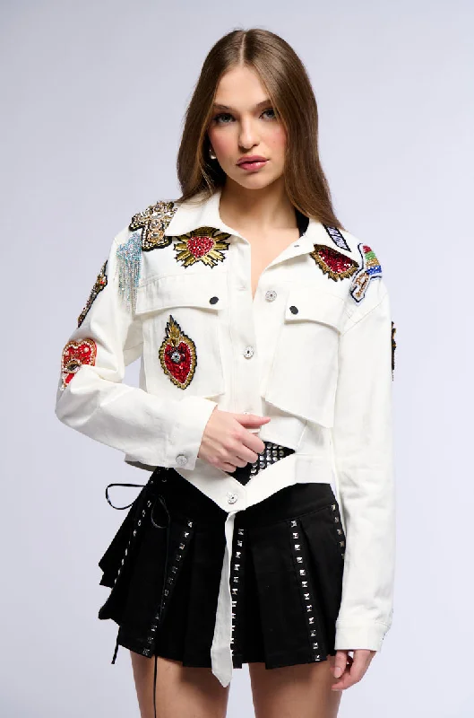 women's coats with velvet finishesCOUNT YOUR BLESSINGS CROP DENIM JACKET WITH PATCHES