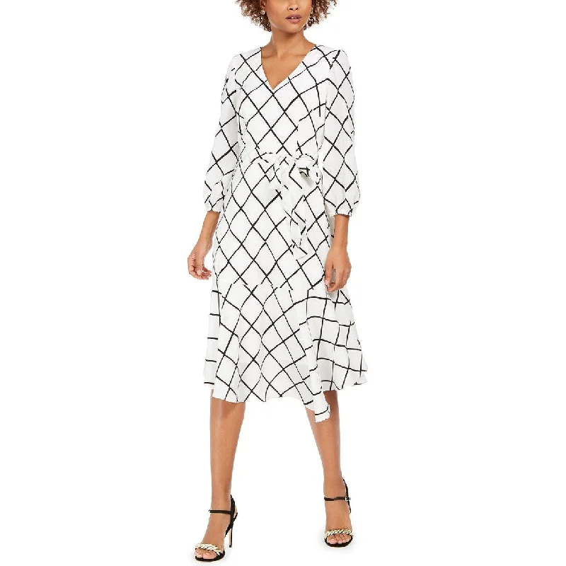 women's cinched-waist dressesJessica Howard Women's Plaid Flounce-Hem Midi Dress White Size 6