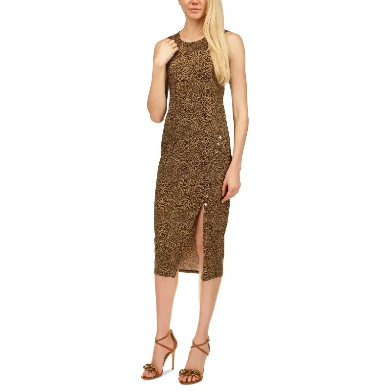 Flutter-Sleeve DressMichael Kors Women's Button Slit Midi Dress Brown Size Xx-Large