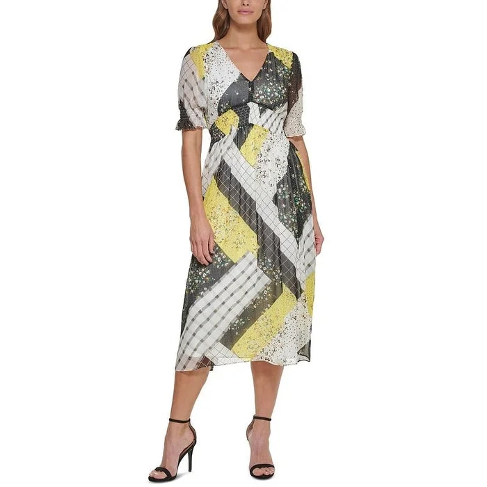 women's cold-shoulder dressesDkny Women's Patchwork Print Midi Dress Black Size 6