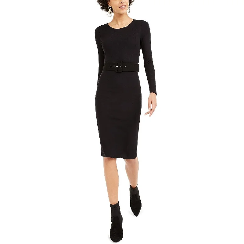 women's smart casual dressesBar III Women's Belted Knit Sheath Midi Dress Black Size 2 Extra Large