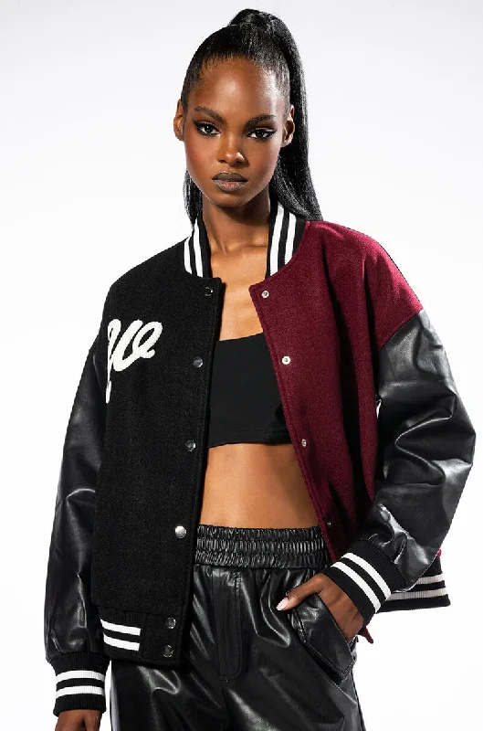 vegan women's coats (fur-free options)BACK TO SCHOOL AZALEA WANG VARSITY BOMBER