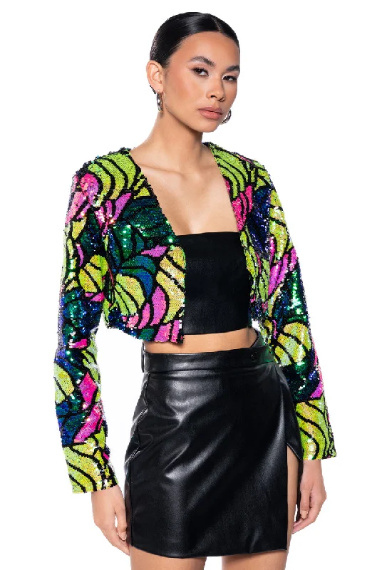 women's coats with liningBETTER TO LOVE AT MIDNIGHT CROP SEQUIN BLAZER