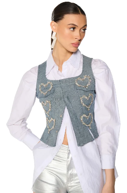 sustainable women's coatsHEART ON DENIM VEST