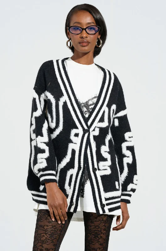 women's tops with ruffled hemsABSTRACT LOVER OVERSIZED CARDIGAN IN BLACK WHITE