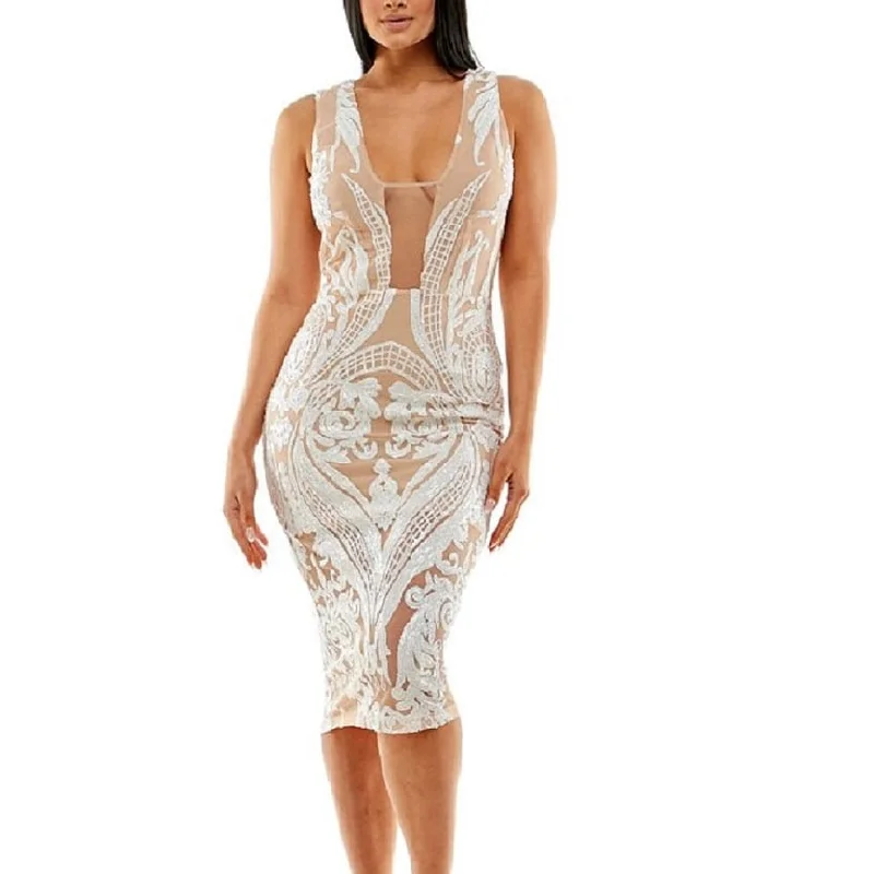 Custom DressBebe Women's Sequined Illusion Bodycon Midi Dress White Size X-Large