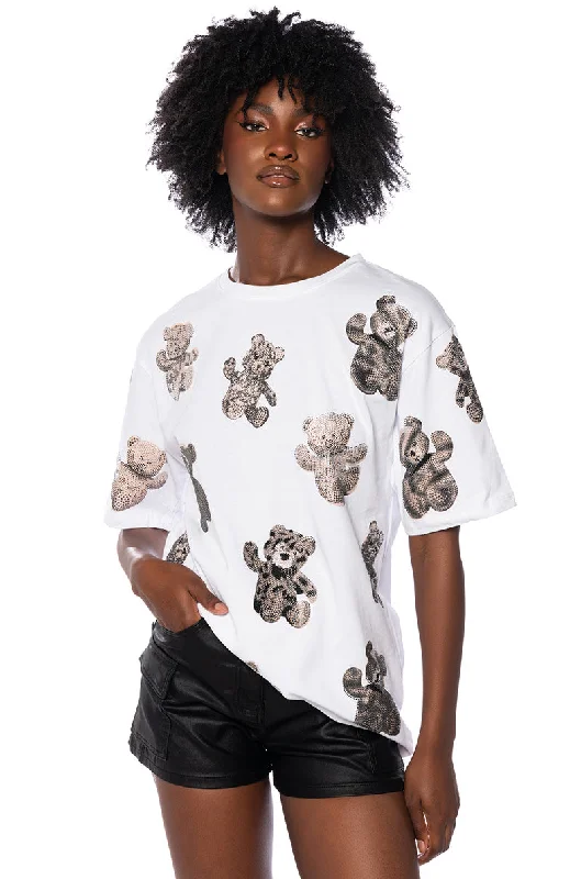 women's tops for those who want to stay on top of the latest fashion trends and wear pieces that are both stylish and on-trendBEAR WITH ME EMBELLISHED TEE