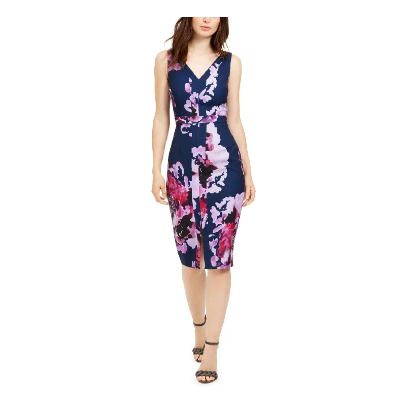 Asymmetric DressTrina Turk Women's Floral Sleeveless V Neck MIDI Sheath Dress Purple Size 2