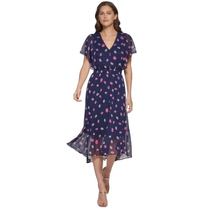 Bow-Tie DressDkny Women's Floral Flutter Sleeve Midi Dress Blue Size 2