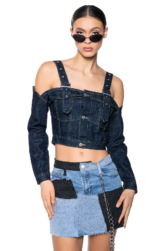 lightweight women's coatsSWEETIE COLD SHOULDER RAW DENIM JACKET