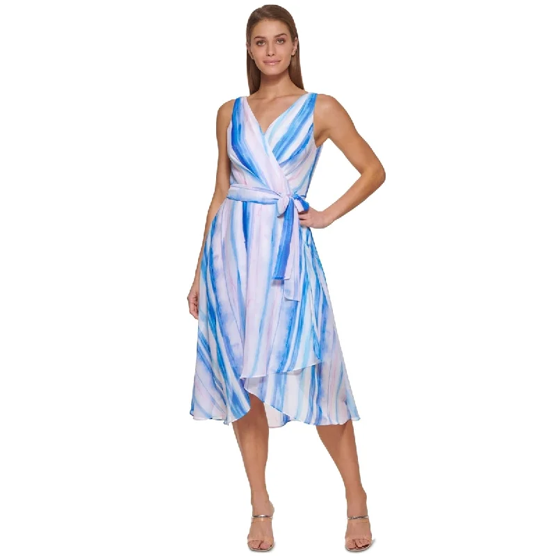 women's spaghetti strap dressesDKNY Women's Printed Faux Wrap Tiered Midi Dress Blue Size 16