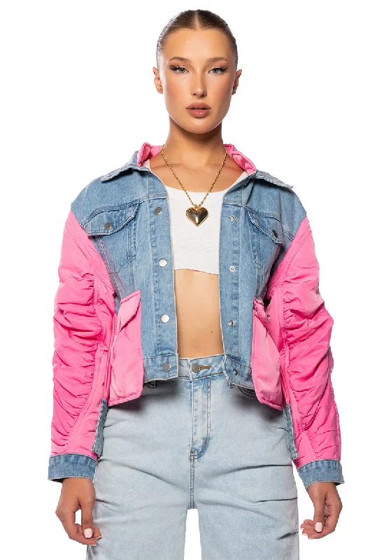 women's coats with floral printsNYLON DENIM JACKET IN PINK