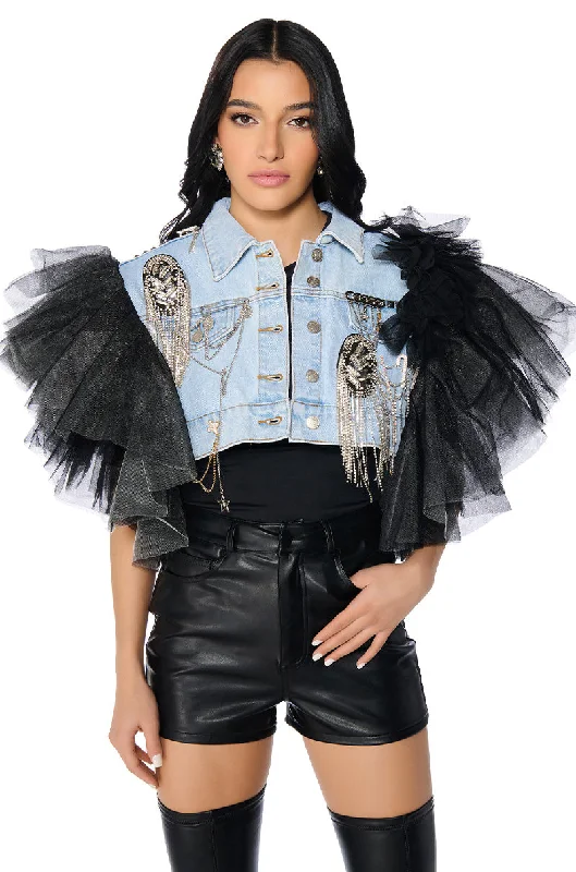 women's coats with belted waistsBEBE LUXE EMBELLISHED DENIM AND TULLE CROP VEST