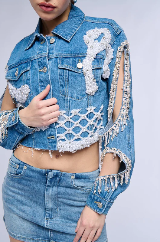 women's coats for travelTEXAS BOUND RHINESTONE FRINGE PEARL CROP DENIM JACKET WITH CUT OUT SLEEVE