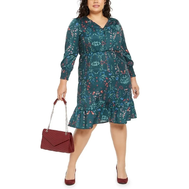 women's flutter-sleeved dressesNY Collection Women's Plus Printed Smocked-Sleeve Midi Dress Green Size 1X