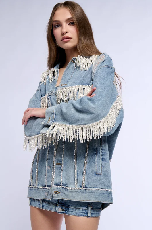 women's coats for cocktail partiesSHOW STOPPER PEARL EMBELLISHED DENIM JACKET