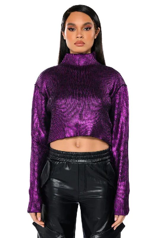 women's tops for those who want to create outfits that reflect their personal style and sense of fashionCOSMO METALLIC COATED CROP TURTLENECK SWEATER