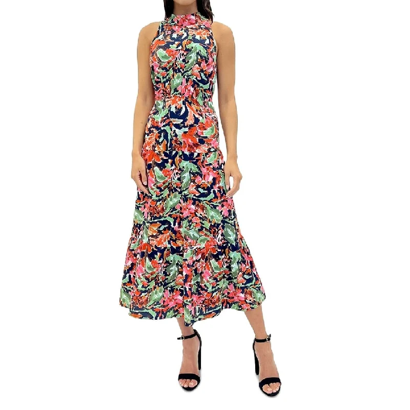 women's ruffle dressesSam Edelman Women's Floral Halter Neck Midi Dress Blue Size 8