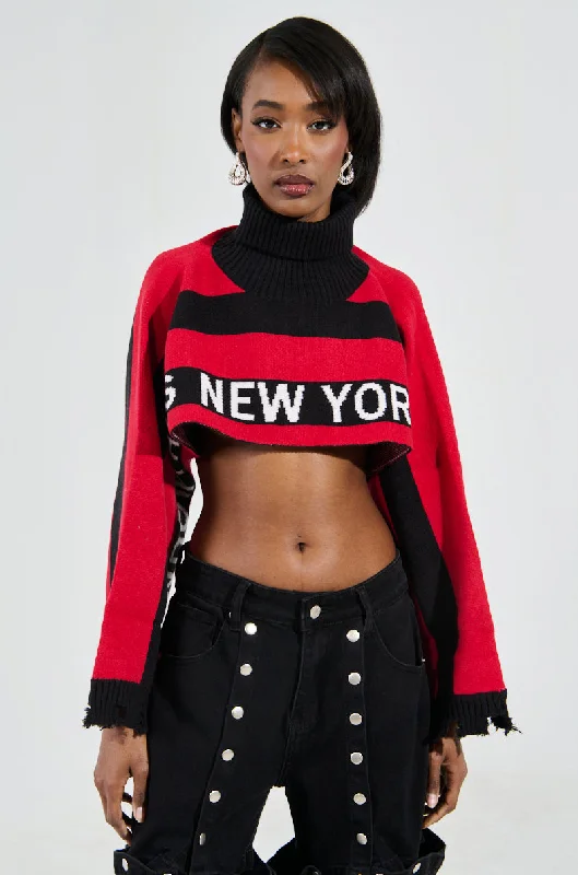 women's tops for those who want to create outfits that are both trendy and timelessNEW YORK ULTRA CROP SWEATER IN RED MULTI