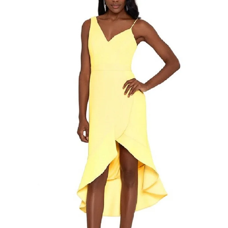 women's mother of the bride dressesXscape Women's Ruffled High Low Midi Sheath Dress Yellow Size 6