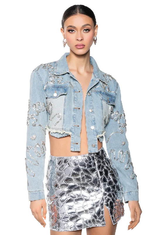 women's coats with military-inspired designsLOVE YOU SAY IT BACK CROP DENIM JACKET