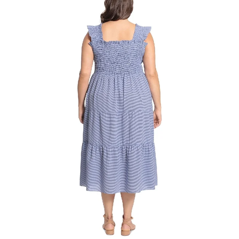 Bow-Tie DressLondon Times Women's Gingham Smocked Top Midi Dress Blue Size 1X