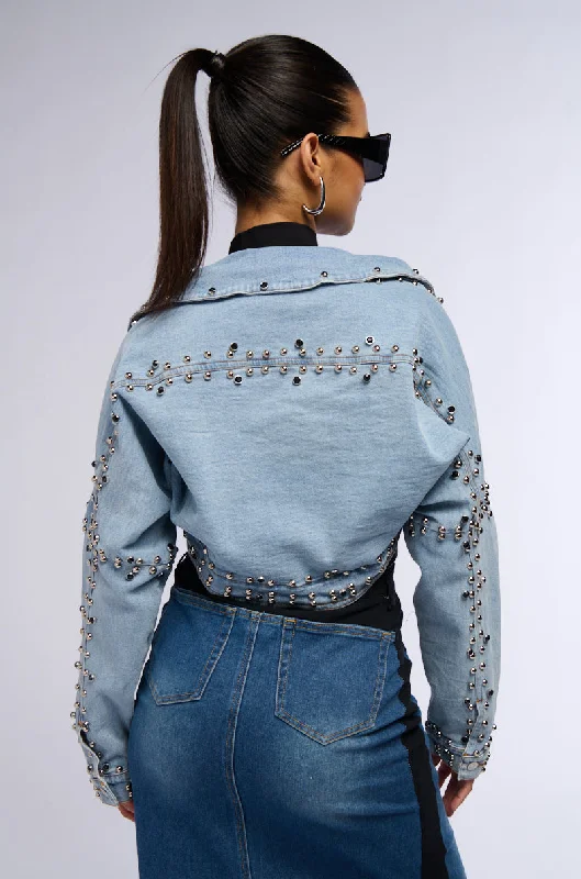 women's coats for those who love to experiment with fashionDENIM STUD BOLERO JACKET