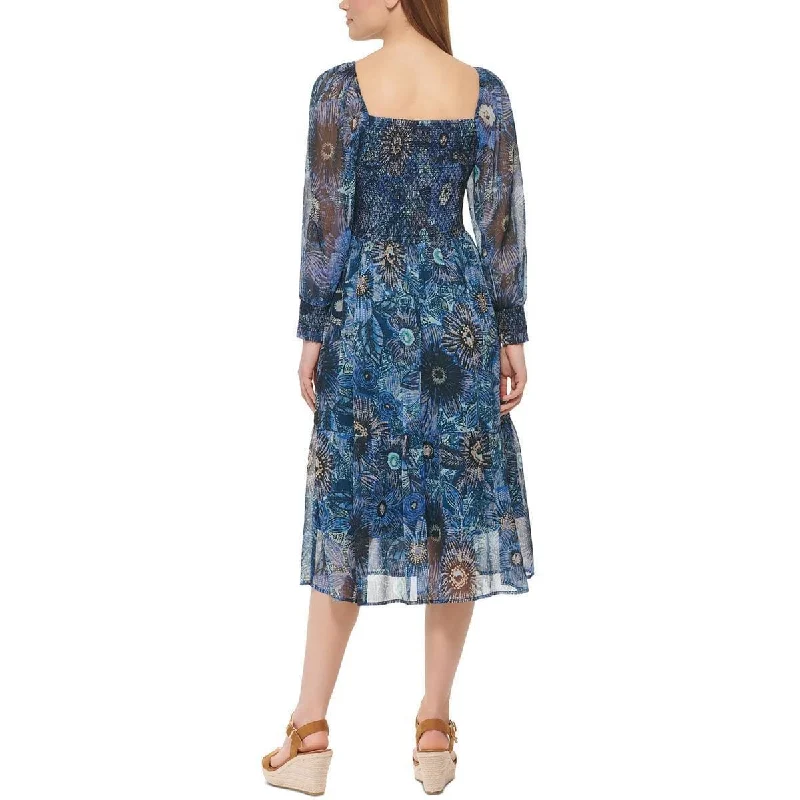 women's travel dressesVince Camuto Women's Floral Print Smocked Midi Dress Blue Size 14