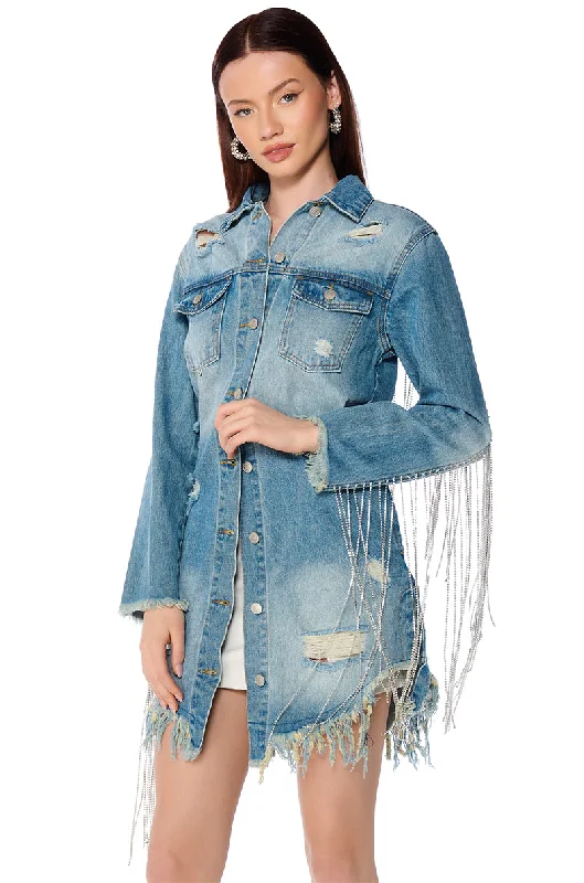 luxury women's coatsDOLLYS SIS RHINESTONE LONG DENIM JACKET