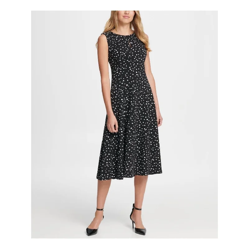 women's vacation dressesDkny Women's Polka Dot Sleeveless Jewel Neck Midi Shift Dress Black Size 2