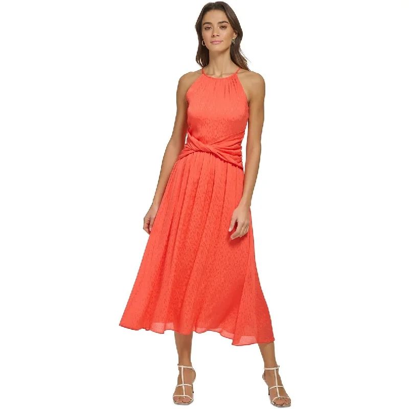 Solid Color DressDkny Women's Halter Neck Twist Waist Sleeveless Midi Dress Orange Size 12