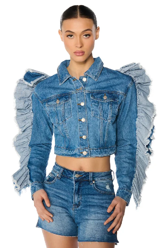 women's coats with cropped lengthsWHO IS SHE PUFF SLEEVE DENIM JACKET