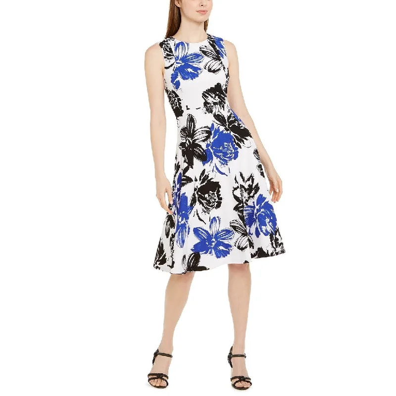 women's stretchy dressesCalvin Klein Women's Big Floral Printed Midi Dress Blue Size 14